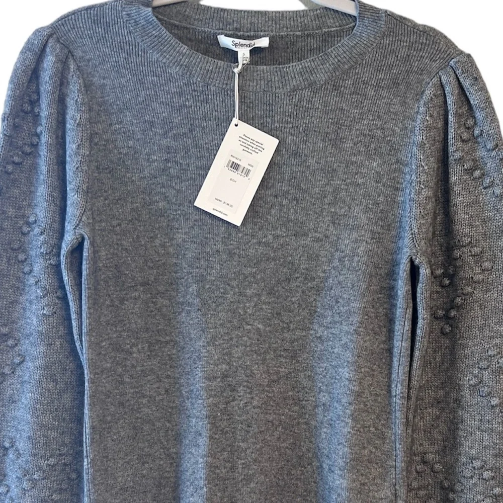 Splendid Collection Gray Puff Sleeve Heart Popcorn Knit Crewneck Sweater Size S